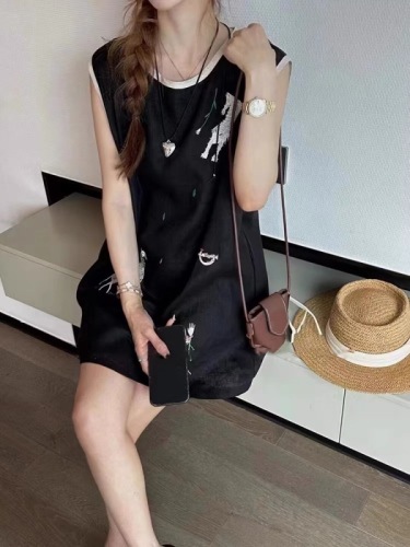 Summer Heavy Industry Cartoon Embroidered Sleeveless Vest Dress for Small Women Loose Casual Mid-Length Linen Top