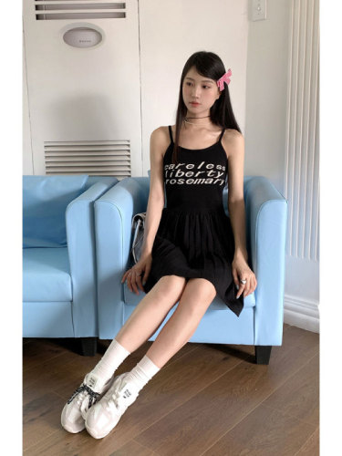 Actual shot~summer~letter sleeveless knitted dress for women with A-line pleated suspender skirt and short skirt