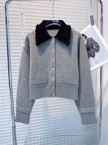 Early autumn new women's clothing fashionable temperament color-blocked lapel short knitted jacket cardigan sweater for women