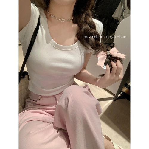 Fashionable and super hot solid color right shoulder U-neck short-sleeved T-shirt for women summer Korean style short slim fit versatile sweet and spicy top