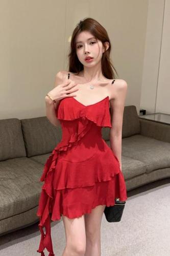 Pure Desire Sweetheart Hot Girl's Layered Pleated Slim V-Neck Waist Sling Dress Sexy Irregular Short Skirt