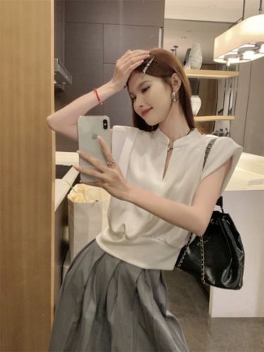 Korean retro Hong Kong style stand collar shirt for women summer high-end versatile V-neck waist vest small shirt top real shot