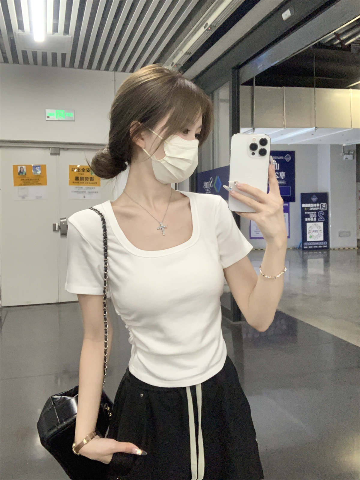 實拍 夏季韓版方領修身褶皺短款小個子百搭純棉短袖T恤上衣