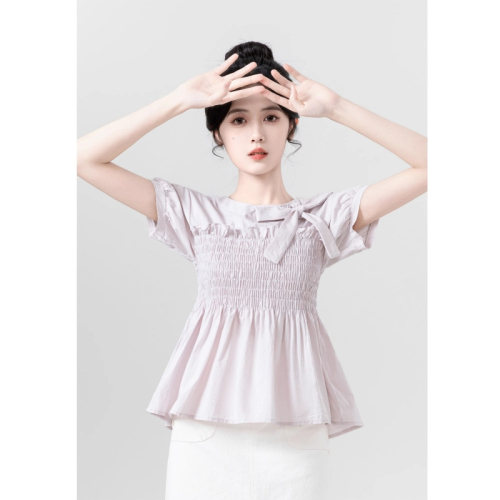 Original workmanship purple short-sleeved shirt for women summer 2024 bow tie waist babydoll shirt chic top