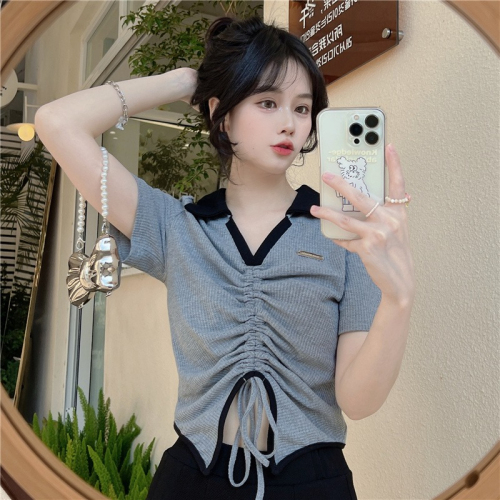 Super popular irregular drawstring short-sleeved T-shirt for women, plus size summer slimming and flesh-covering Polo collar, right shoulder short top, trendy