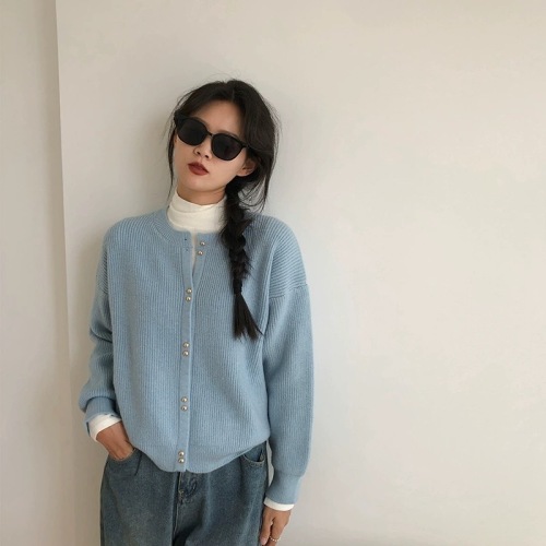 Simple temperament small button sweater cardigan 2024 new autumn Korean version lazy style round neck long-sleeved top sweater