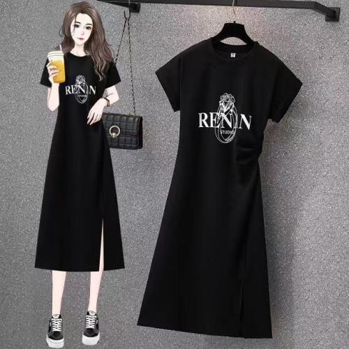 Dress for women summer new style fat mm design casual mid-length slit slim slim short-sleeved T-shirt skirt