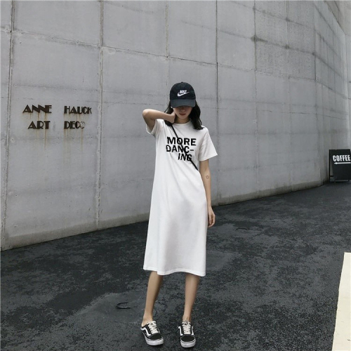 Korean letter printed T-shirt dress for women new loose slit mid-length skirt