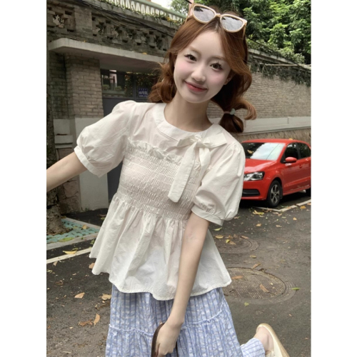 Original workmanship purple short-sleeved shirt for women summer 2024 bow tie waist babydoll shirt chic top