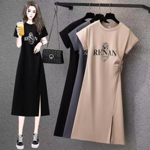 Dress for women summer new style fat mm design casual mid-length slit slim slim short-sleeved T-shirt skirt