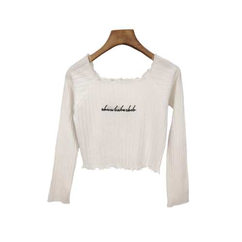 2024 new autumn style temperament square neck letter embroidered navel-baring knitted long-sleeved top for women