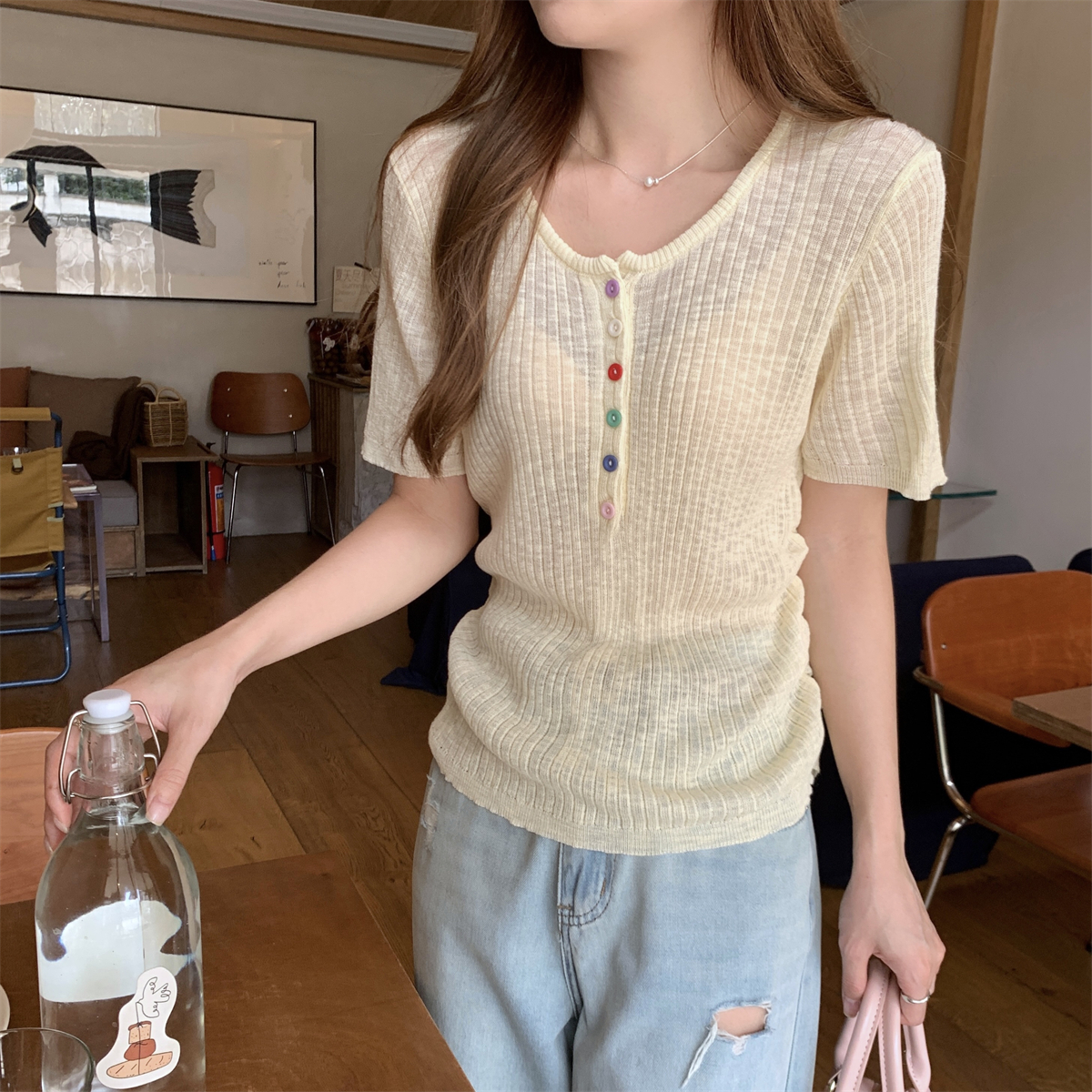 實拍 夏季韓版圓領彩虹扣設計感褶皺竹節麻薄款針織短袖上衣