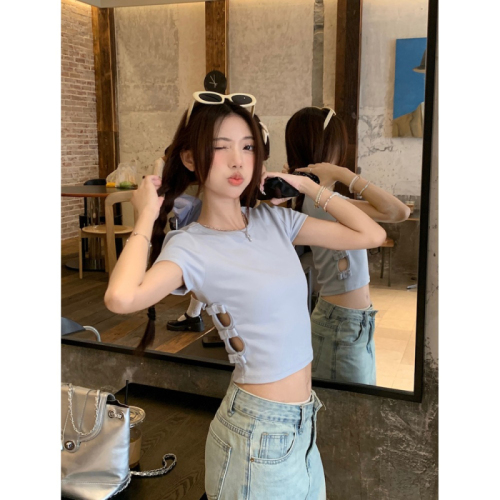 Fashionable and super hot Korean hot girl hollow waist exposed short-sleeved T-shirt women's bow-knot slim fit right shoulder short top