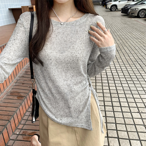 Official photo Slightly see-through sunscreen long-sleeved knitted blouse with irregular hem and exposed waist pleated air-conditioning shirt for women