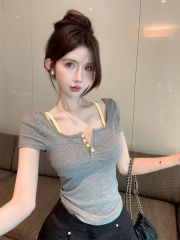 Fake two-piece halterneck suspender short-sleeved T-shirt for women in summer, pure lust for sweet hotties, sexy short style