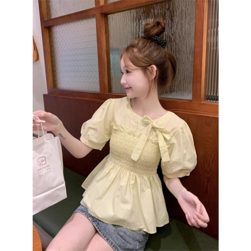 Original workmanship purple short-sleeved shirt for women summer 2024 bow tie waist babydoll shirt chic top