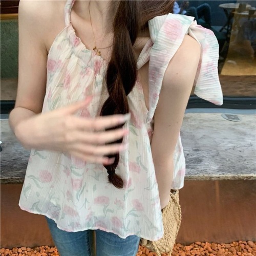 Cute floral summer lace-up pure desire sleeveless hot girl soft girl short camisole women's top slimming style