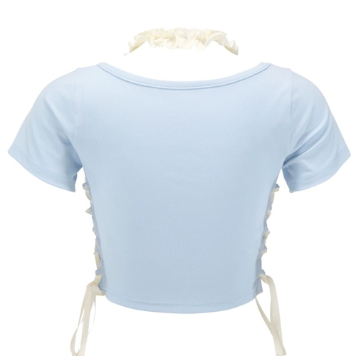 Summer dopamine outfit sweet and spicy baby blue spliced ​​top women's halterneck tie bow short-sleeved T-shirt