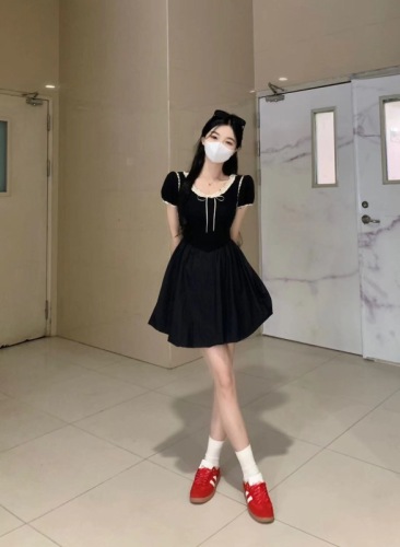 Sweet girly lace tutu skirt for women plus size fat mm waist slimming black puff sleeve dress summer