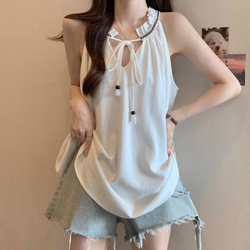 Original beaded halterneck camisole women's outer wear summer new large size fat mm belly-covering baby doll shirt