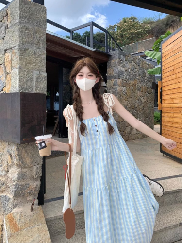 Korean style blue striped strap suspender dress women's summer seaside vacation long dress sleeveless loose a-line skirt