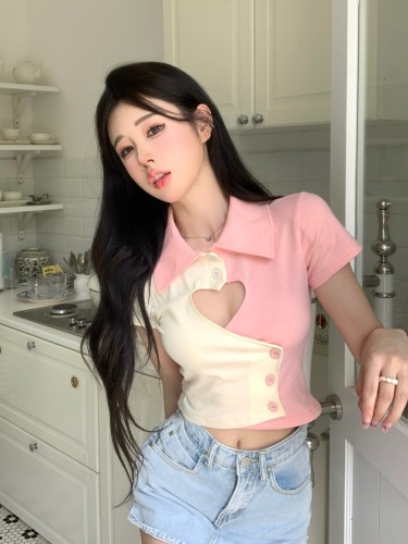 Sweet hot girl hollow short-sleeved T-shirt women's summer short polo collar chic slimming design niche top