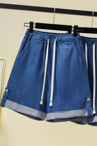 Actual shot of new summer large size elastic waist loose denim shorts fat MM Tencel wide leg versatile casual shorts