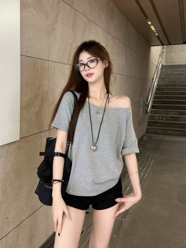 Actual shot~ Slanted shoulder, one-shoulder, two-wear design, short-sleeved T-shirt for women, versatile, slimming, stretchy solid color top