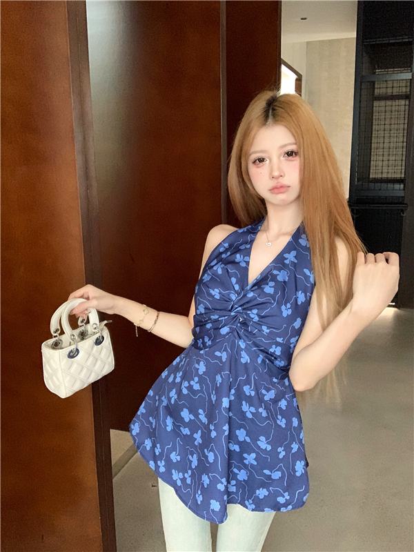 實拍  藍色V領碎花掛脖背心上衣女