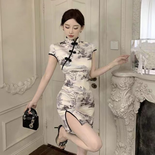 New Chinese-style temperament improved retro national style girl's daily cheongsam summer slimming dress with waist and slits