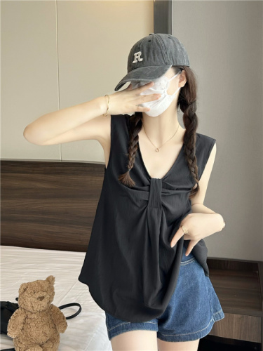 Actual shot ~ Summer new bow V-neck solid color vest shirt