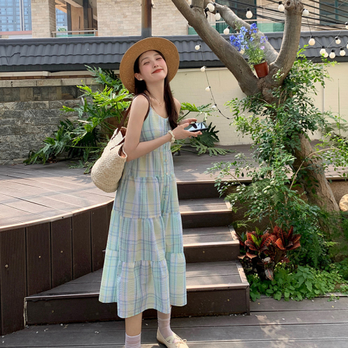 Vacation beach photo long skirt Japanese sweet and fresh slim plaid vest suspender dress for children summer