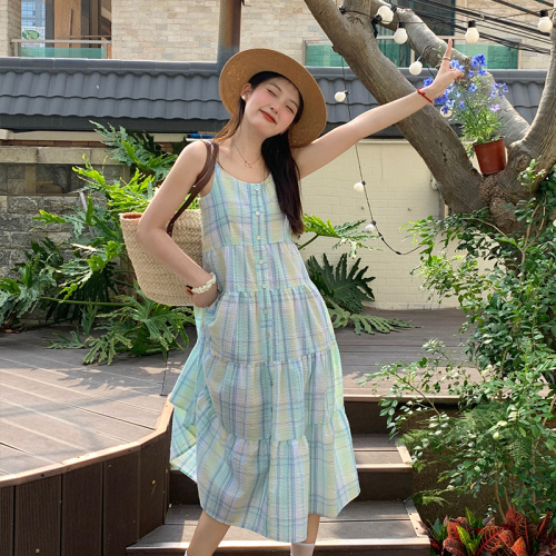 Vacation beach photo long skirt Japanese sweet and fresh slim plaid vest suspender dress for children summer