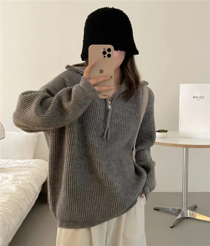 Korean Retro Half-Zip Collar Relaxed Loose Women's Autumn/Winter New Cashmere Sweater Soft Knit Top