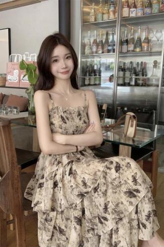 Real shot of floral butterfly suspender long skirt women's waist-cinching 2024 summer new slimming temperament cake dress