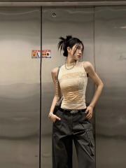 -92棉/8氨綸40支210g純棉 杏色字母背心女夏季