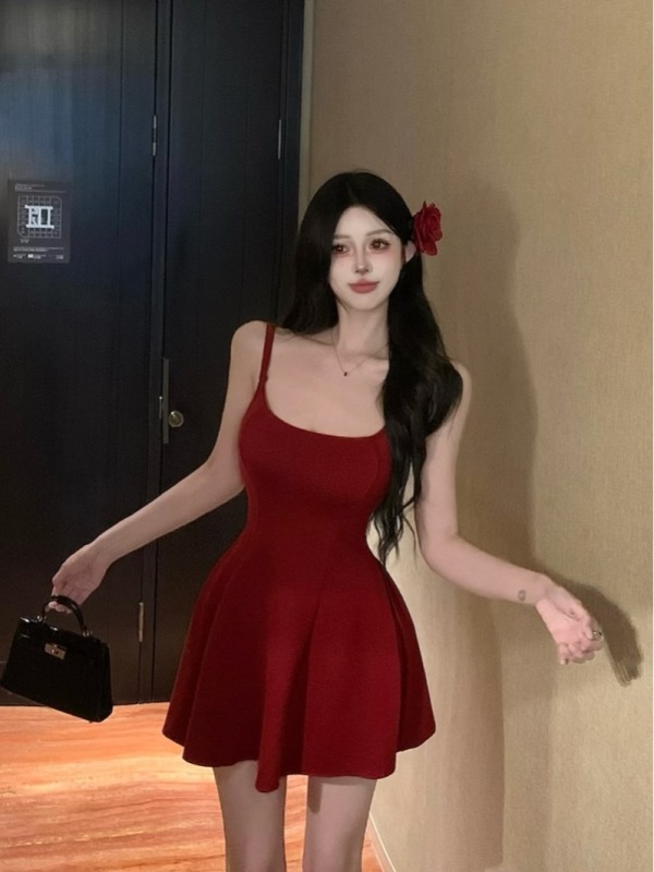 Pure lust style square neckline waist elastic slimming temperament A-line tutu skirt retro little black dress