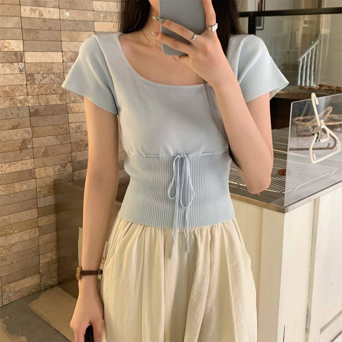 Photographed Summer Korean-style Square Collar Tailored Short-Sleeve Belted Design Knit Top