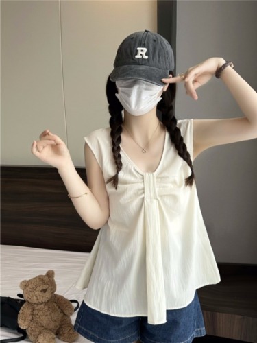 Actual shot ~ Summer new bow V-neck solid color vest shirt