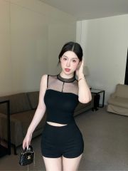 Real shot of mesh splicing vest for women's summer outer wear, slimming and sleeveless top