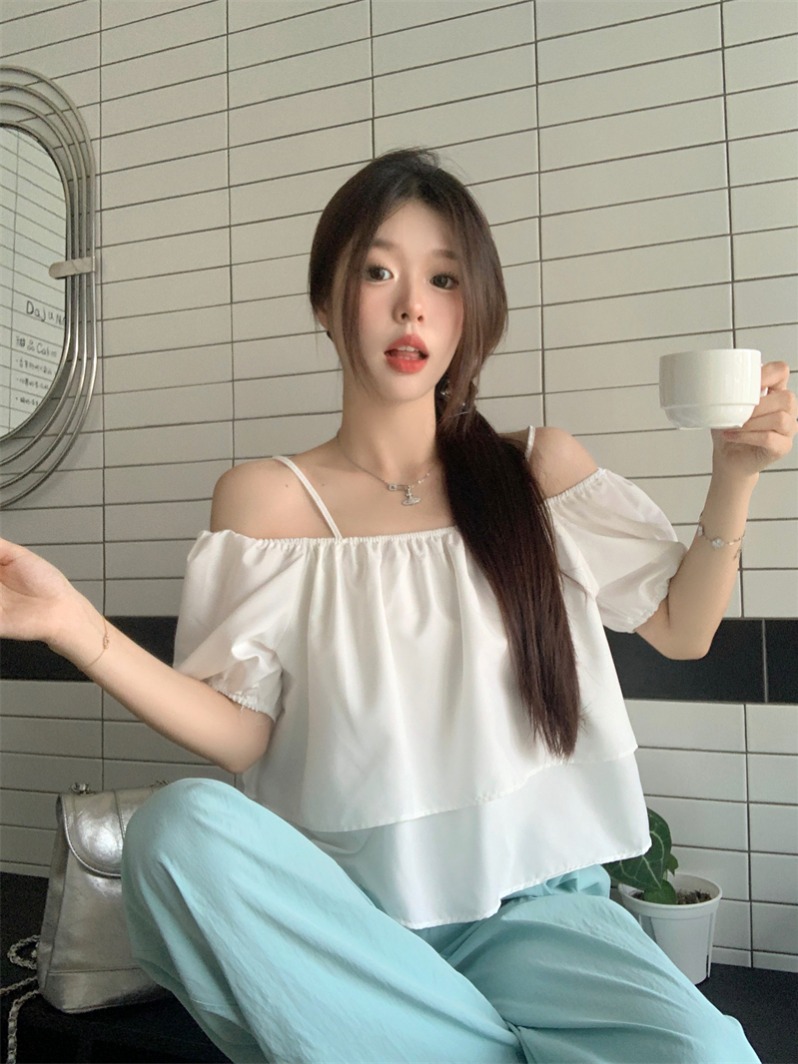 實拍 價 韓版夏季別致泡泡袖氣質吊帶襯衣女一字肩上衣