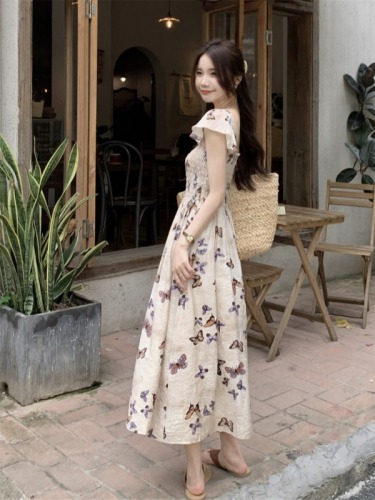 Actual shot of small butterfly mid-length skirt for spring and summer new A-line waist slimming square collar printed cake skirt dress for women