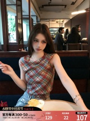 NIMOWANG迷失東京紅色格子盪領上衣女夏辣妹無袖連帽外穿背心