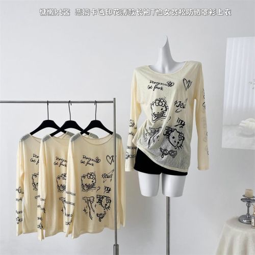 FunnJ Fangji lazy kt sauce spoof cartoon print thin long-sleeved T-shirt women's loose sun protection blouse top