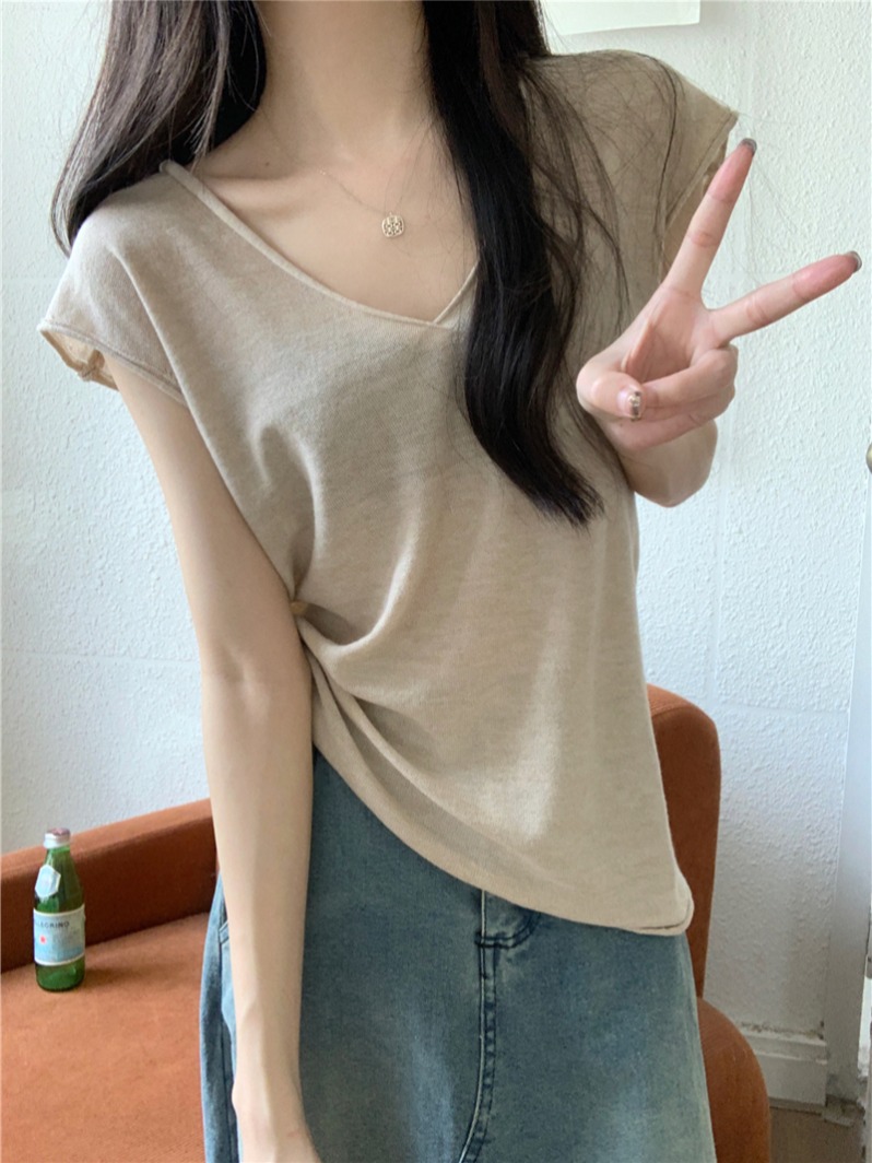 實拍 真  夏季新款寬鬆V領針織衫短袖上衣
