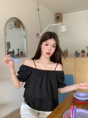 實拍 價 韓版夏季別致泡泡袖氣質吊帶襯衣女一字肩上衣