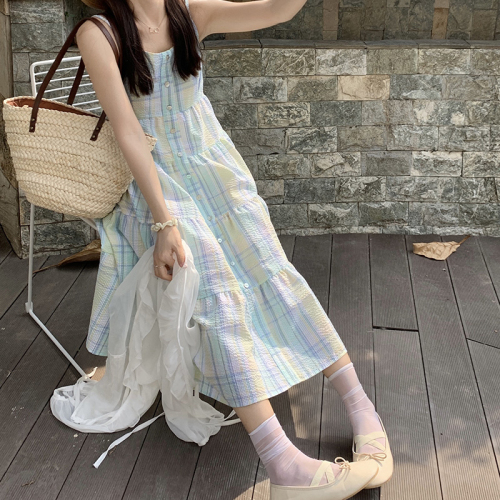 Vacation beach photo long skirt Japanese sweet and fresh slim plaid vest suspender dress for children summer