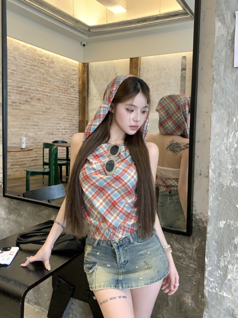 實拍~紅色格子盪領上衣女夏辣妹無袖外穿連帽外穿背心