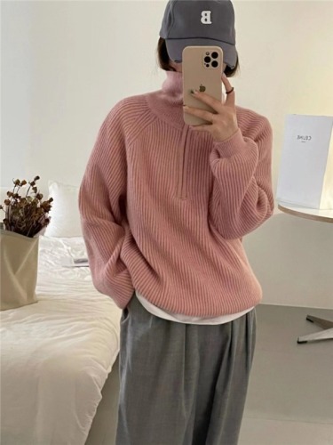 Korean Retro Half-Zip Collar Relaxed Loose Women's Autumn/Winter New Cashmere Sweater Soft Knit Top
