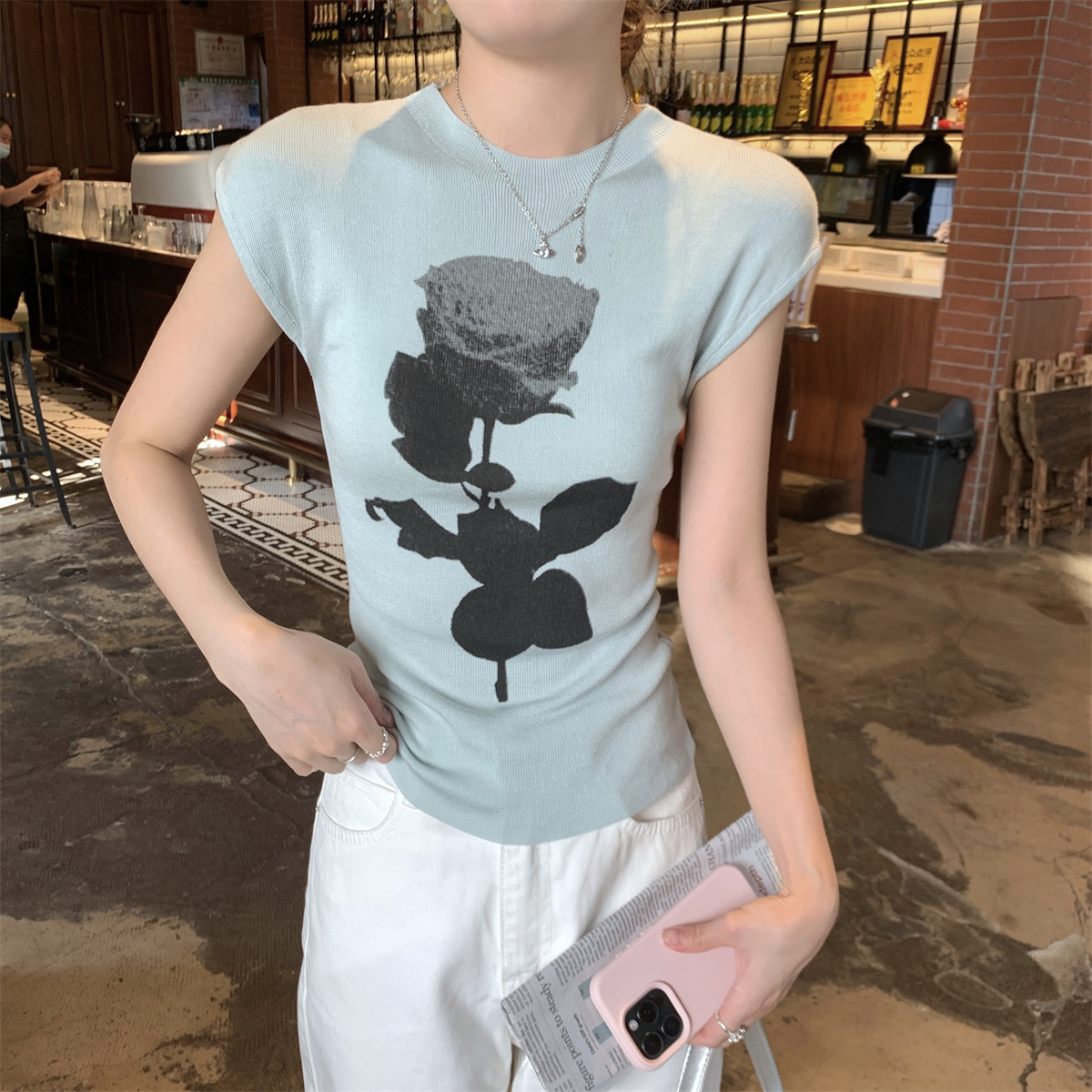 實拍 夏季韓版氣質玫瑰印花顯瘦輕薄6羊毛修身針織衫短袖上衣